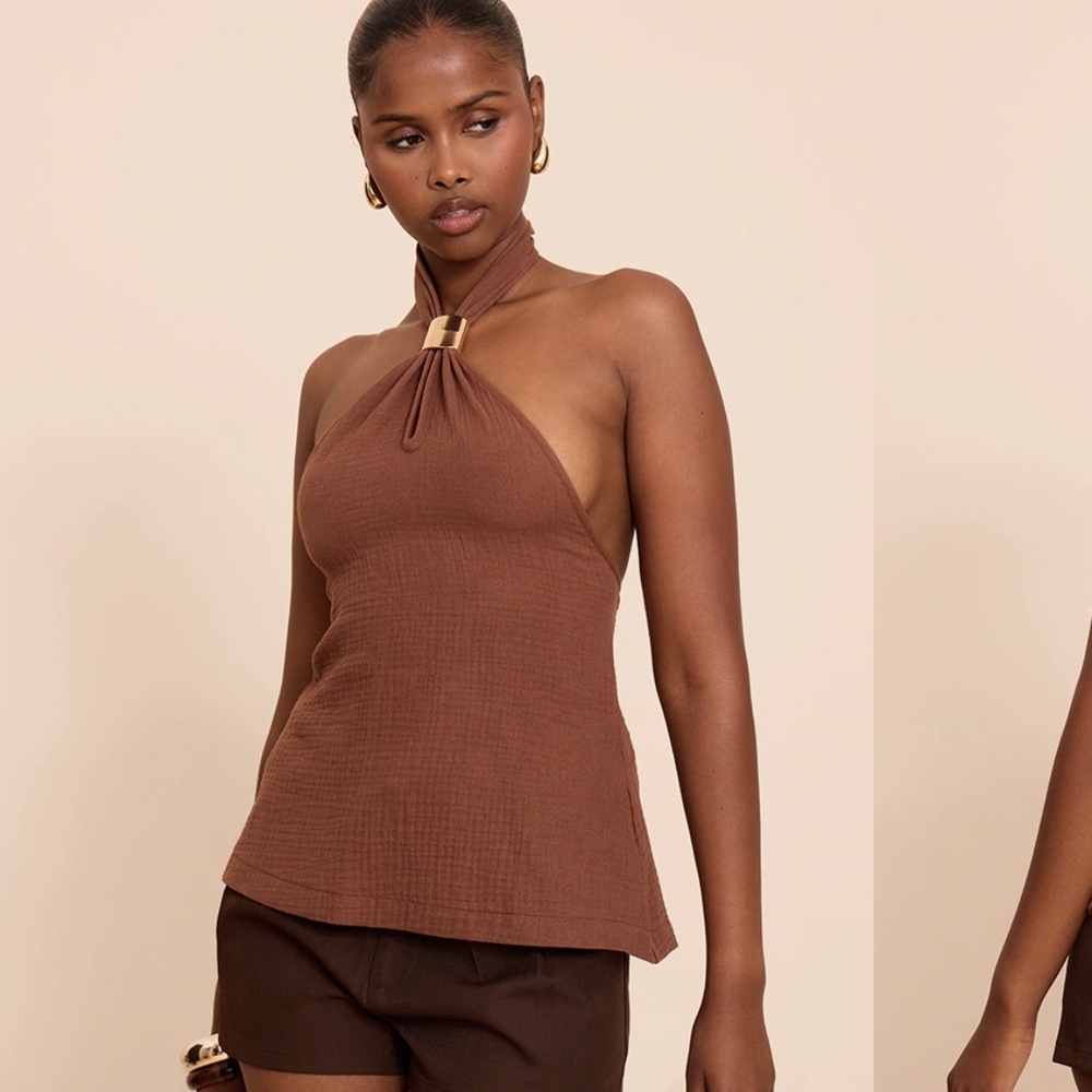 #121NWT PrettyLittleThing Chocolate Lightweight Woven Halterneck Trim Detail Top